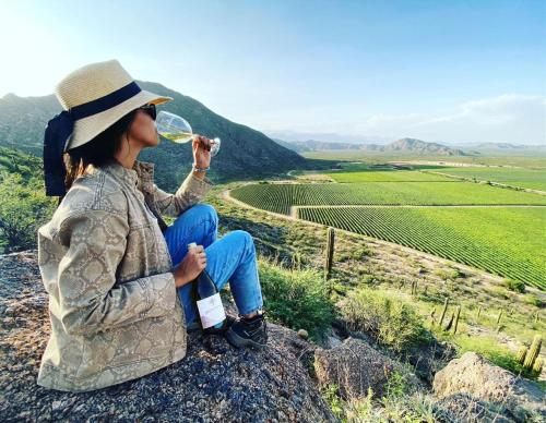 una mujer sentada en una roca bebiendo una copa de vino en Chañarmuyo Casa de Huéspedes en 