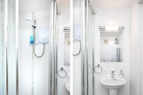 two images of a bathroom with a shower and a sink at Millendreath at Westcliff - Self Catering flat with amazing sea views in Looe