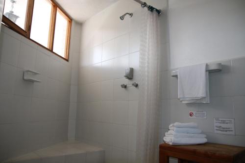 a bathroom with a shower and a sink and towels at La Posada del Quinde in Otavalo