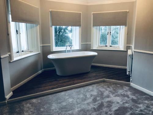 a bathroom with a tub and two windows at The Alverbank Hotel in Gosport