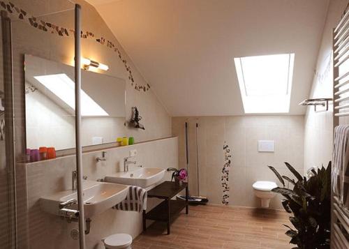 ein Bad mit einem Waschbecken und einem Spiegel in der Unterkunft Exenbacher Hof in Arnbruck