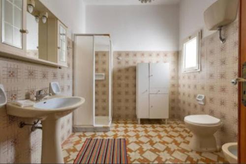 a bathroom with a shower and a toilet and a sink at Appartamento Rosamarina in Torre Lapillo