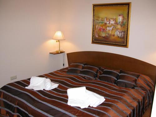 ein Schlafzimmer mit einem Bett mit zwei Handtüchern darauf in der Unterkunft Apartman Golf Lux in Bük