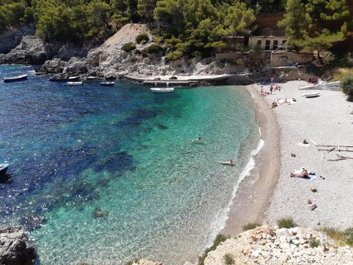 a group of people swimming in the water on a beach at Apartments Daniela & Karlo in Sobra