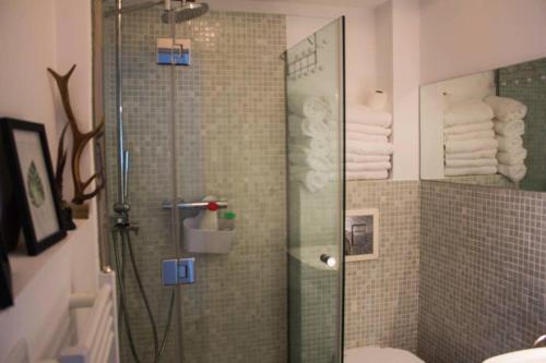 a bathroom with a shower and a toilet and towels at LA JOYA DEL 32. CENTRO DE BURGOS. WIFI in Burgos