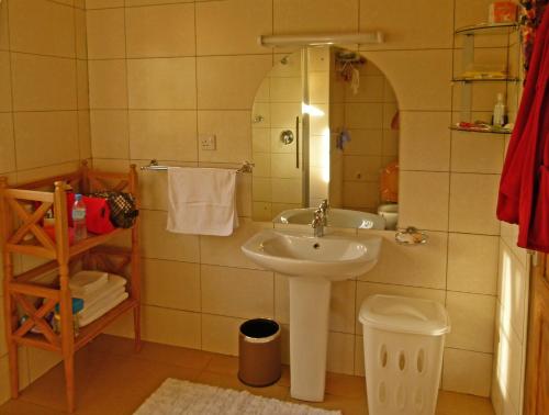 a bathroom with a sink and a mirror at Milimani Cottages in Usa River