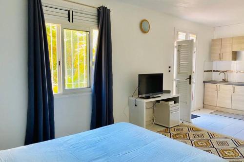 ein Schlafzimmer mit einem Bett und einem TV sowie eine Küche in der Unterkunft LE HAMEAU DE LA VALLÉE in Schœlcher