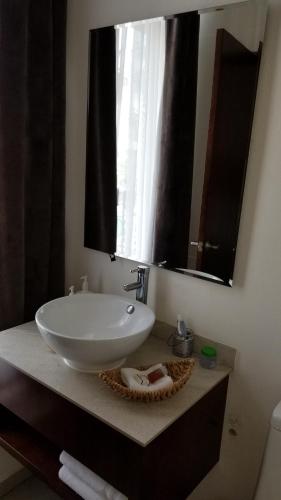 La salle de bains est pourvue d'un grand lavabo blanc et d'un miroir. dans l'établissement Hotel Parga, à Aguascalientes