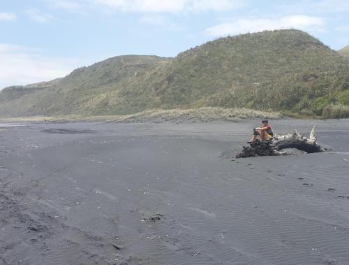 a man sitting on an elephant on the beach at SeaView Retreat -Amazing Ocean Views and Outdoor bath in Waiuku