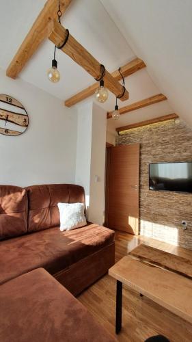 a living room with a brown couch and a tv at Wood Apartmani - Vila Zimska idila Jahorina in Jahorina
