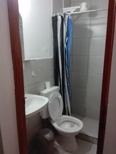 Baño pequeño con aseo y lavamanos en Apart Jujuy monoambiente en San Salvador de Jujuy