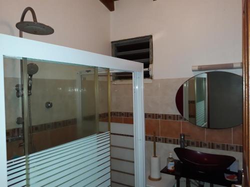 a bathroom with a shower and a chair and a mirror at La caféière in Lamentin