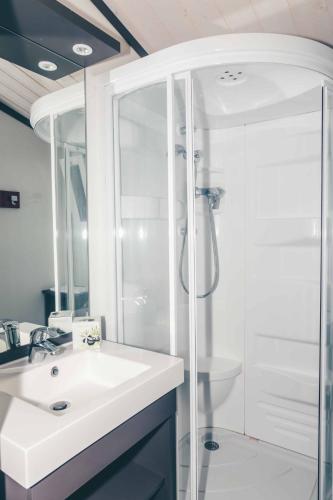 une salle de bain avec un lavabo blanc et une douche dans l'établissement Pomette 3p 6pers, à Cazals