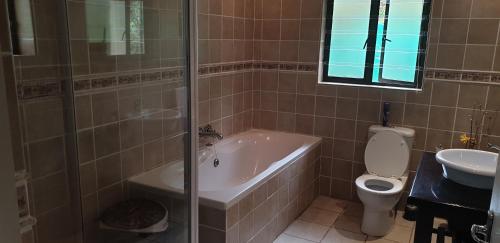 a bathroom with a tub and a toilet and a sink at Birdsong Cottages - 10 Poplar Drive - Bergview Estate in Champagne Valley