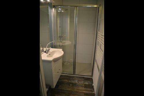a bathroom with a glass shower and a sink at Bungalow 14 personen in s-Gravenzande