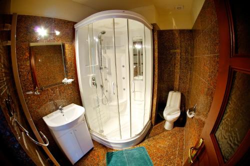 a bathroom with a shower and a sink and a toilet at Penzion Plesnivec in Poprad