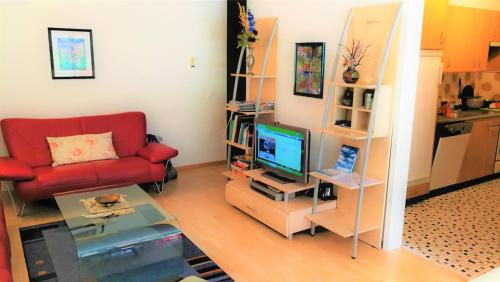 a living room with a red couch and a television at Quellenhof D04 in Davos