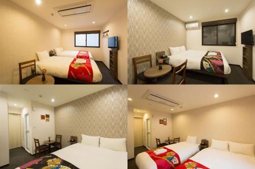 two pictures of a hotel room with two beds at Laon Inn Gion Nawate in Kyoto