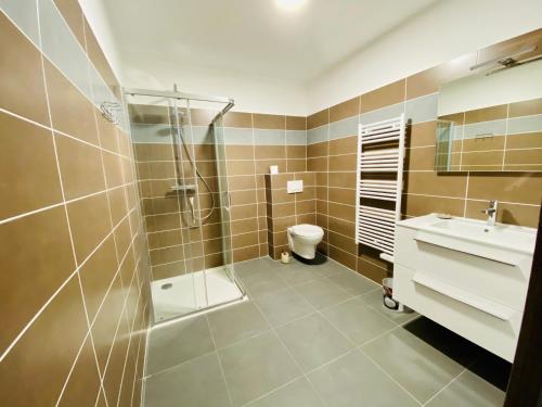 y baño con ducha, lavabo y aseo. en Fronte di Mare 2 chambres vue mer - 1 en Propriano