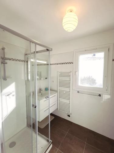 une salle de bain avec une douche et un lavabo et une fenêtre dans l'établissement Domaine A Mortella T3, à Saint-Florent