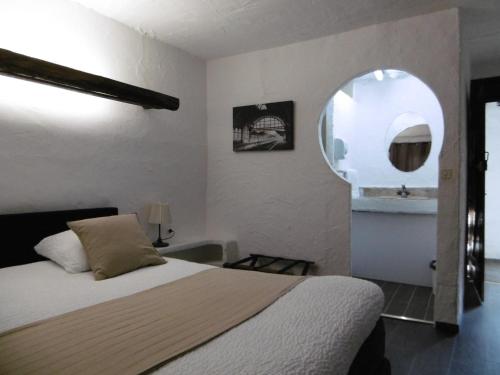 a bedroom with a bed and a mirror at Le Relais Des Vieilles Postes in Les Avenières