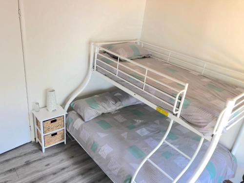 a bedroom with a bunk bed with a ladder at Ariel's Beach House in Rye