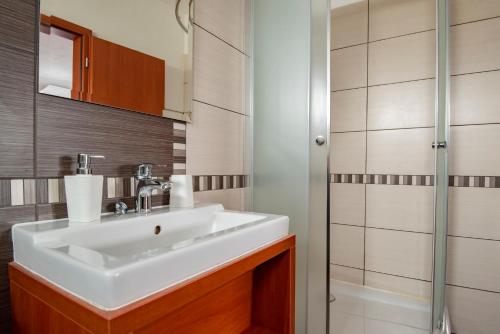 a bathroom with a sink and a shower at Penzión Borievka in Poprad