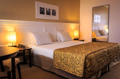 ein Hotelzimmer mit einem großen Bett und einem Spiegel in der Unterkunft Marques Plaza Hotel in Pouso Alegre