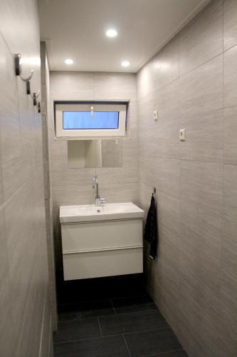 a bathroom with a sink and a window at Polderhoek in Woubrugge