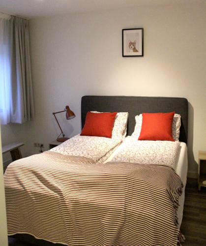 a bedroom with a bed with two red pillows at Polderhoek in Woubrugge
