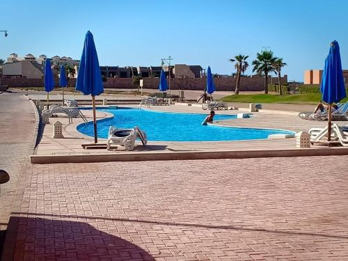 uma grande piscina com guarda-sóis e cadeiras azuis em Seaview Chalets in Porto South Beach - Families Only em Ain Sokhna