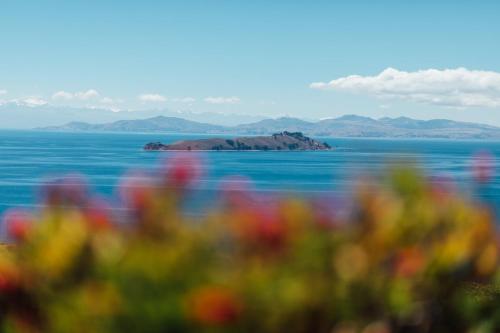 an island in the ocean with flowers in the foreground at Ecolodge La Estancia in Comunidad Yumani