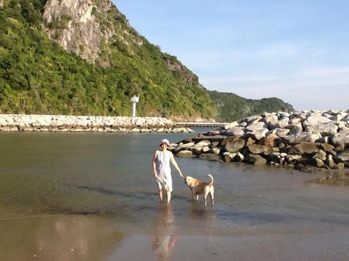 a man walking a dog in the water at Yen~Yen B&B in Prachuap Khiri Khan