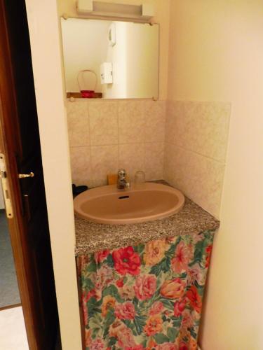 La salle de bains est pourvue d'un lavabo et d'un comptoir fleuri. dans l'établissement Gîte des Cantines, à Donzenac