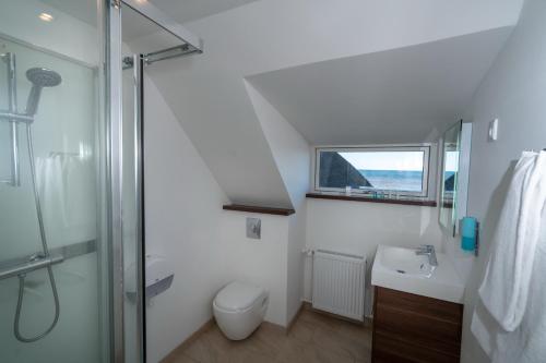 a bathroom with a shower and a toilet and a sink at Klitmøller Hotel in Klitmøller