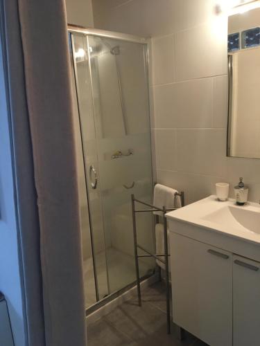 uma casa de banho com um chuveiro e um lavatório. em Casa de Huespedes la Peña em Ibiza
