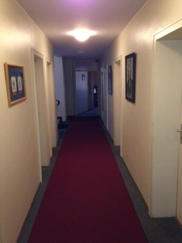 a long hallway with a red carpet and a long red walkway at Hotel Luitpold in Landshut