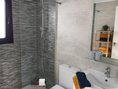 ein Badezimmer mit Dusche, Toilette und Waschbecken in der Unterkunft Casa Ribalta in San Pedro del Pinatar