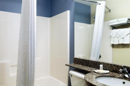 a bathroom with a sink and a shower at Microtel Inn & Suites Bath in Bath