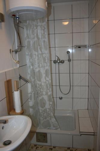 y baño con ducha y lavamanos. en Guest House Sunčano Selo, en Jagnjedovec