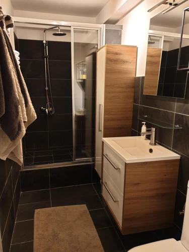 a bathroom with a white sink and a shower at Pension Edelweiss, apartment Amsterdam 4-6 pers in Gosau