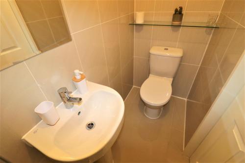 a bathroom with a toilet and a sink at The Lavenders in Bracknell