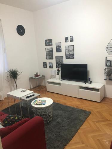 salon z telewizorem z płaskim ekranem na białej ścianie w obiekcie La Madre w mieście Rijeka