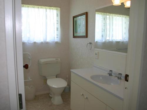 Un baño con inodoro, lavabo y espejo. en Waihi Getaway - Waihi Beach Holiday Home, en Waihi Beach