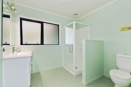 ein weißes Badezimmer mit Toilette und Dusche in der Unterkunft The Blue Cottage with WiFi- Waipu Holiday Home in Waipu