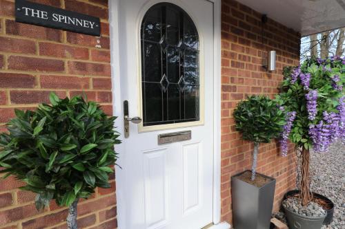 a white door on a brick house with two potted plants at The Spinney in Bracknell