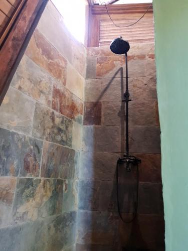 a shower in a room with a stone wall at Houttuyn Wellness River Resort in Paramaribo
