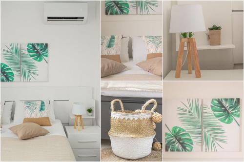 een collage van vier foto's van een slaapkamer met bedden bij Villa belle lune in La Trinité