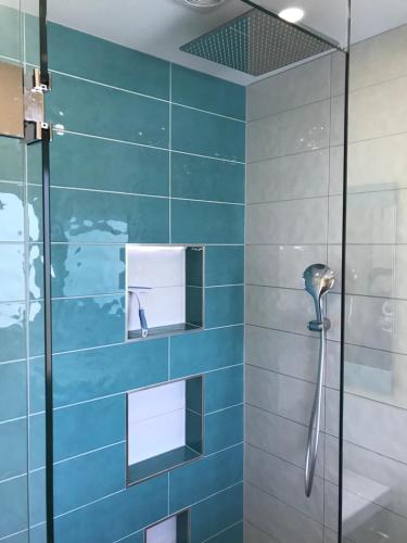 a bathroom with a shower with blue tiles at Gerding Haven in Napier