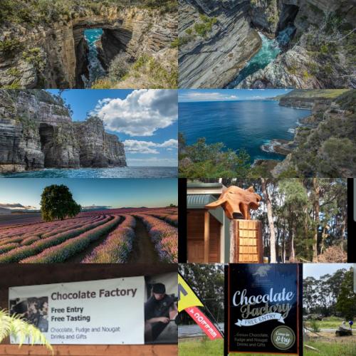 a collage of photos of different sights and landscapes at Ruby's Cottage Farm Stay in Port Arthur